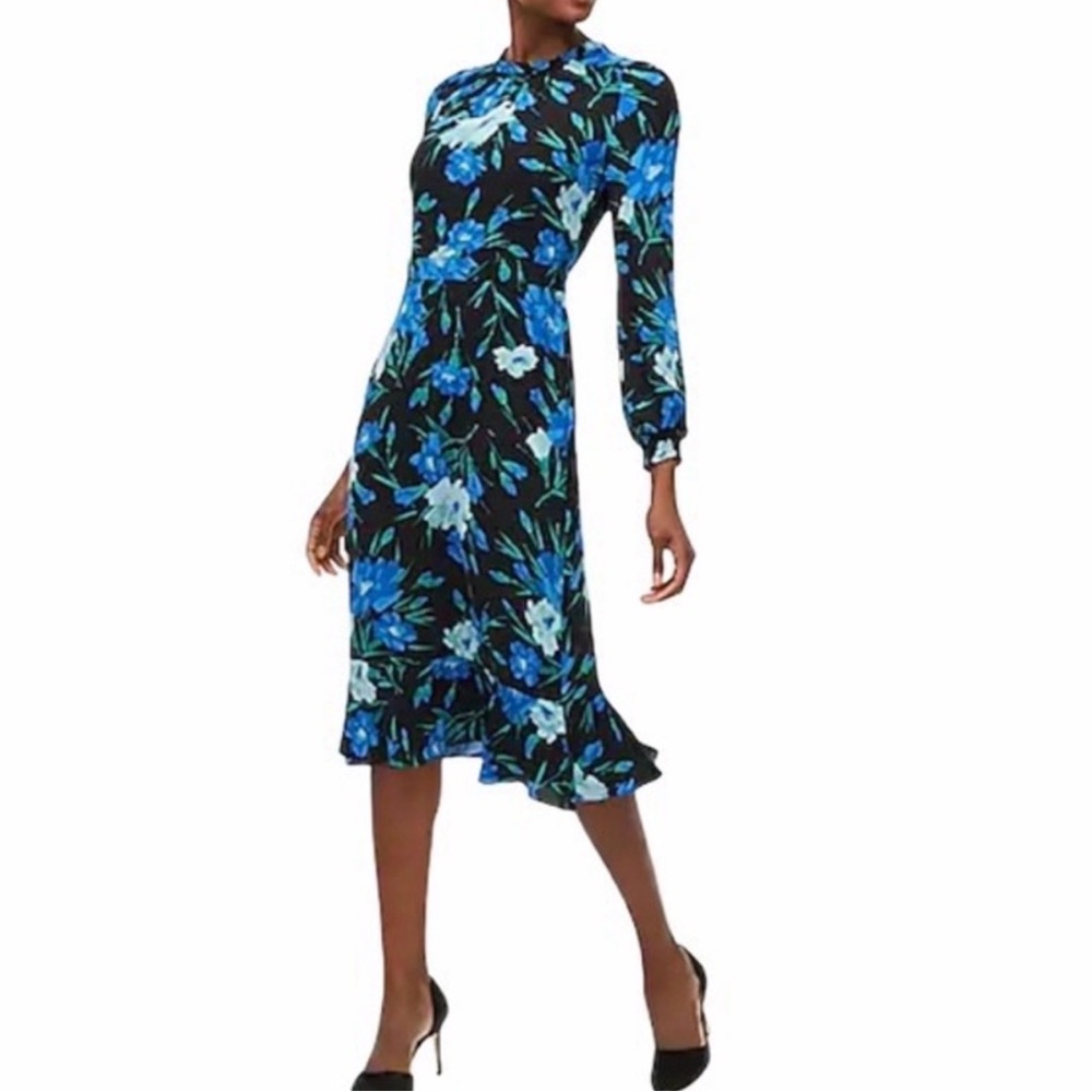 J. Crew Ruffleneck Peasant Long Sleeve Midi Dress Blue Black Floral Sz 2
